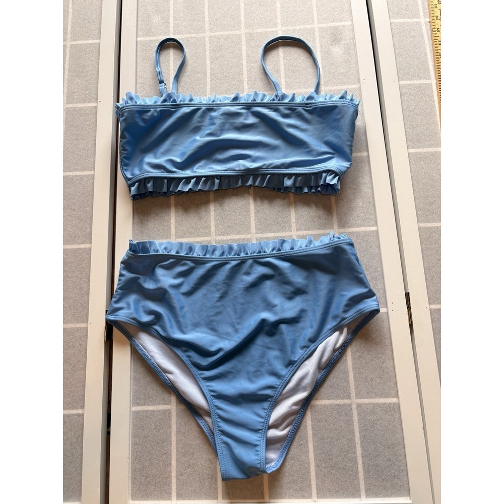 Blue High Waisted Bikini Tummy Control Plus Size 0XL Updated Retro Boho Ruffle